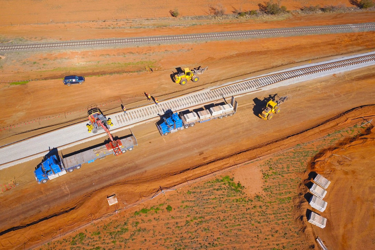 Rail lines and sleepers being laid in Parkes, NSW, for the North West Connection of the Inland Rail project. (Photo: Australian Rail Track Corporation)