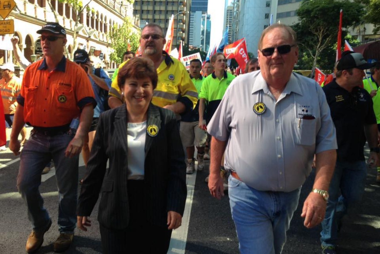 Ipswich MP Jo-Ann Miller marches on State Parliament with unionist Andrew Vickers and colleagues. (Source: Facebook, Jo-Ann Miller)