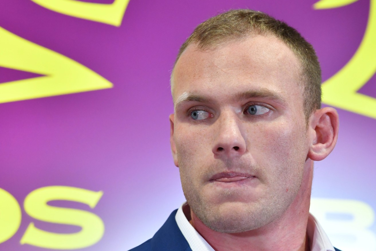 Brisbane Broncos player Matt Lodge is seen during a press conference at the Clive Berghofer Centre in Brisbane, Wednesday, June 20, 2018. Lodge spoke to the media to announce that he has reached a confidential settlement with the victims of his New York rampage in 2015. (AAP Image/Darren England) NO ARCHIVING
