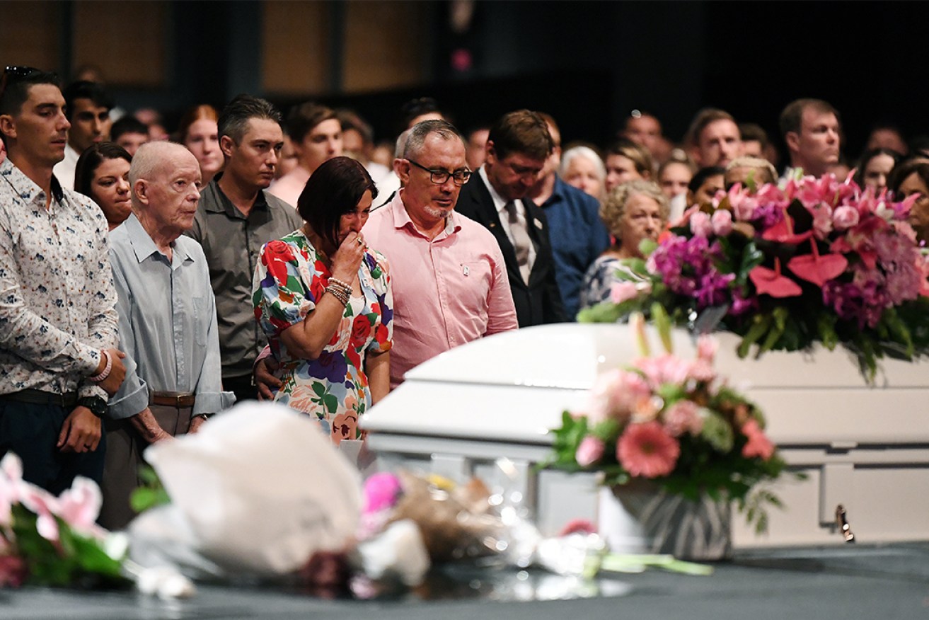 Hannah Clarke's parents Suzanne and Lloyd at the funeral for her and her three children in Brisbane. (Photo: Dan Peled/AAP PHOTOS)