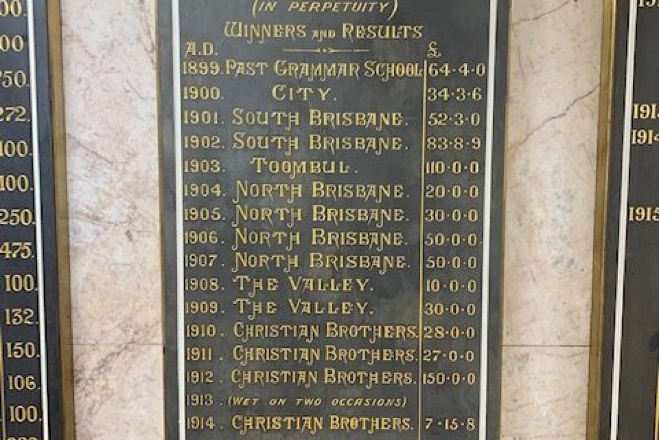 The original plaque showing Brisbane's Hospital Cup winners