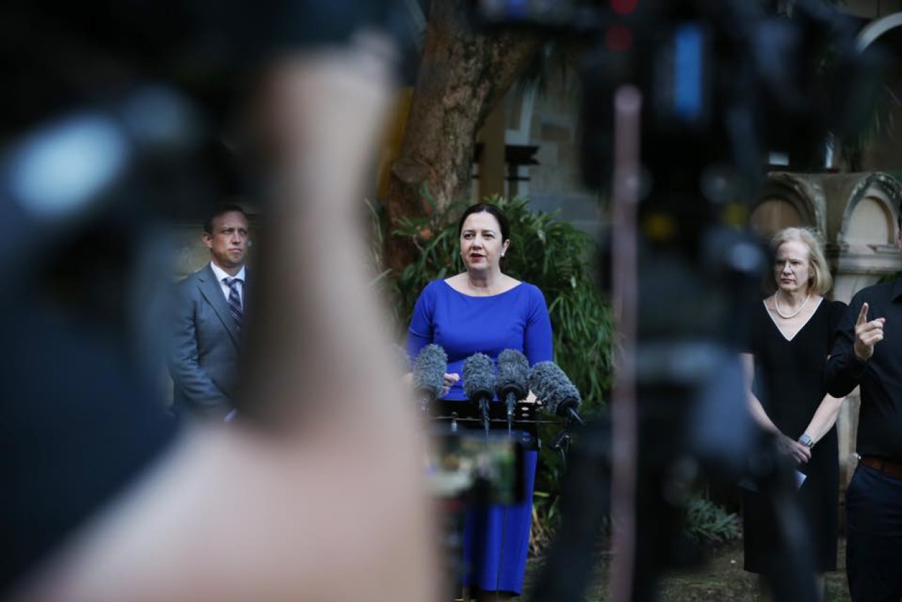 Health Minister Steven Miles, Premier Annastacia Palaszczuk, Chief Health Officer Jeannette Young brief the media. Source: Facebook.
