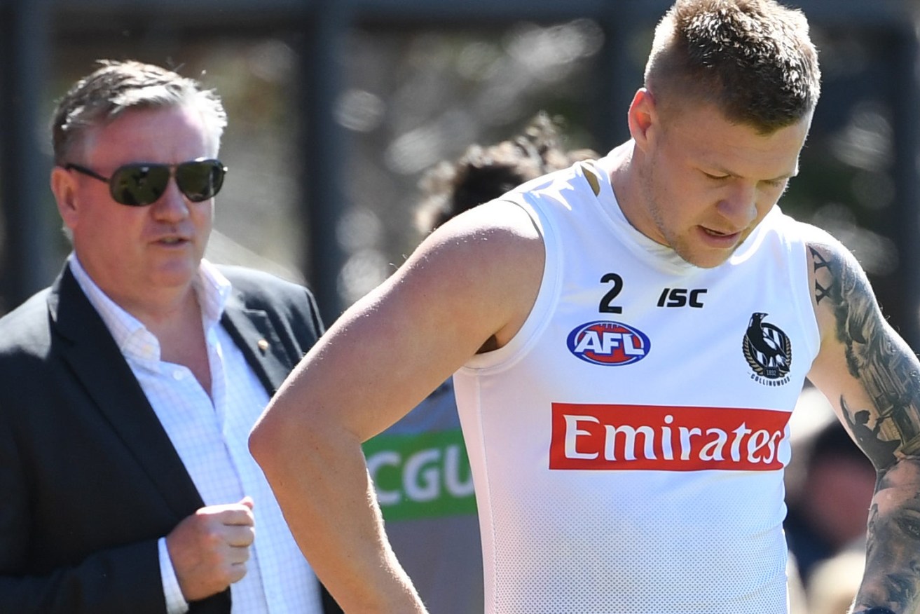 Jordan de Goey (right) and club president Eddie McGuire of the Collingwood Magpies is seen during training at the Holden Centre in Melbourne, Thursday, September 19, 2019. (AAP Image/Julian Smith) NO ARCHIVING