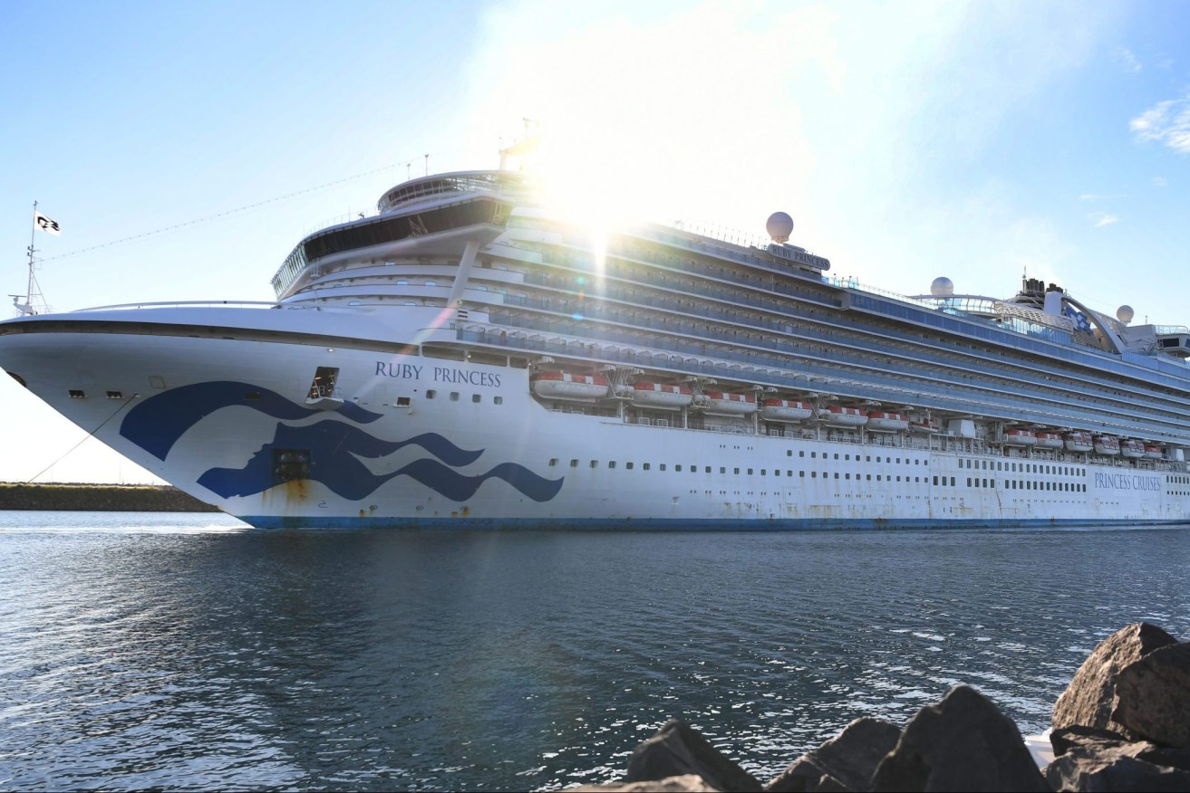 The Ruby Princess, seen docking at Port Kembla,at the height of the Covid crisis.  (AAP Image/Dean Lewins) 