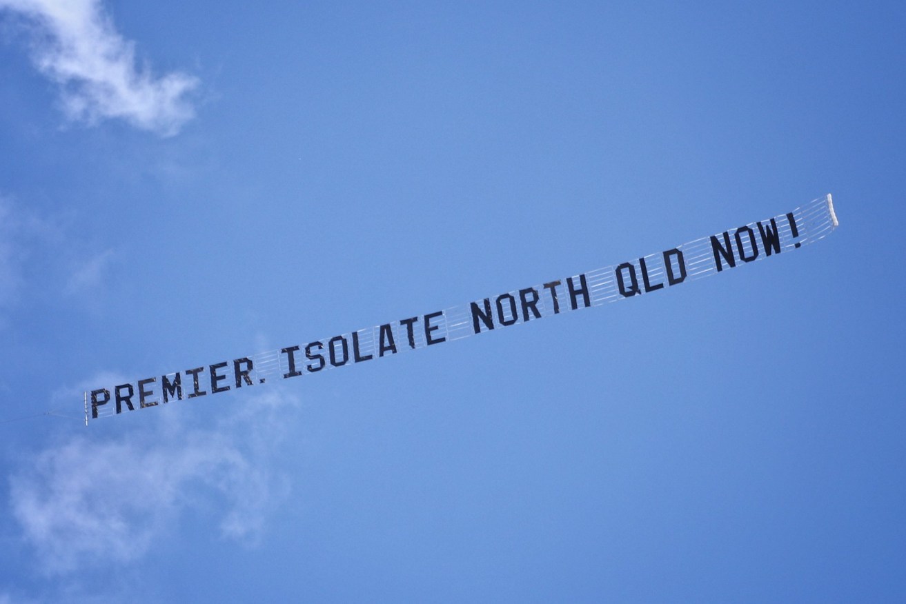 A banner dragged by plane over Brisbane this week and funded by federal MP Bob Katter. (Source: Twitter, ABC anchor Matt Wordsworth.)