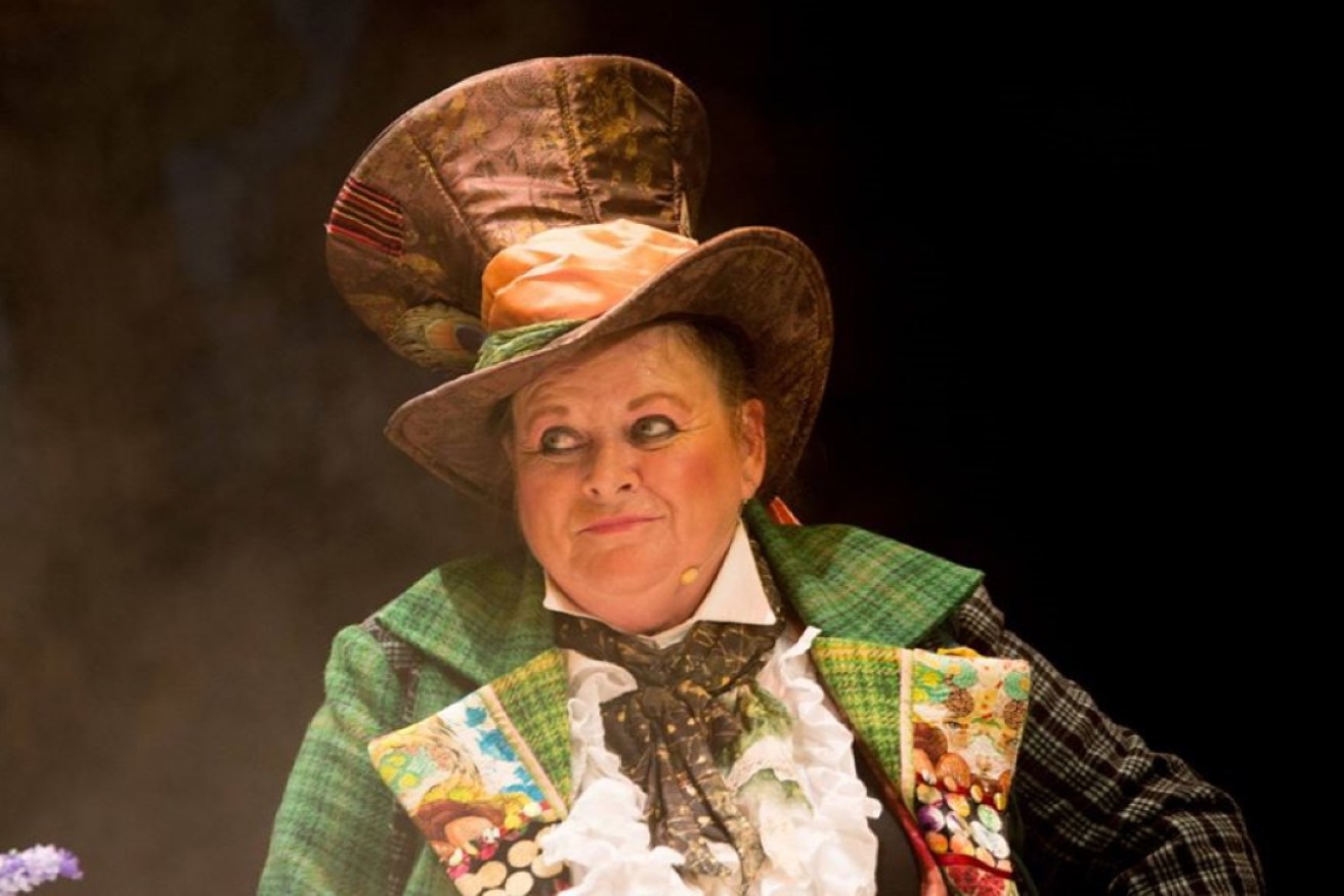 Acting teacher Karen Crone on stage in Alice in Wonderland, produced by Ethan Walker for Rapidfire Productions