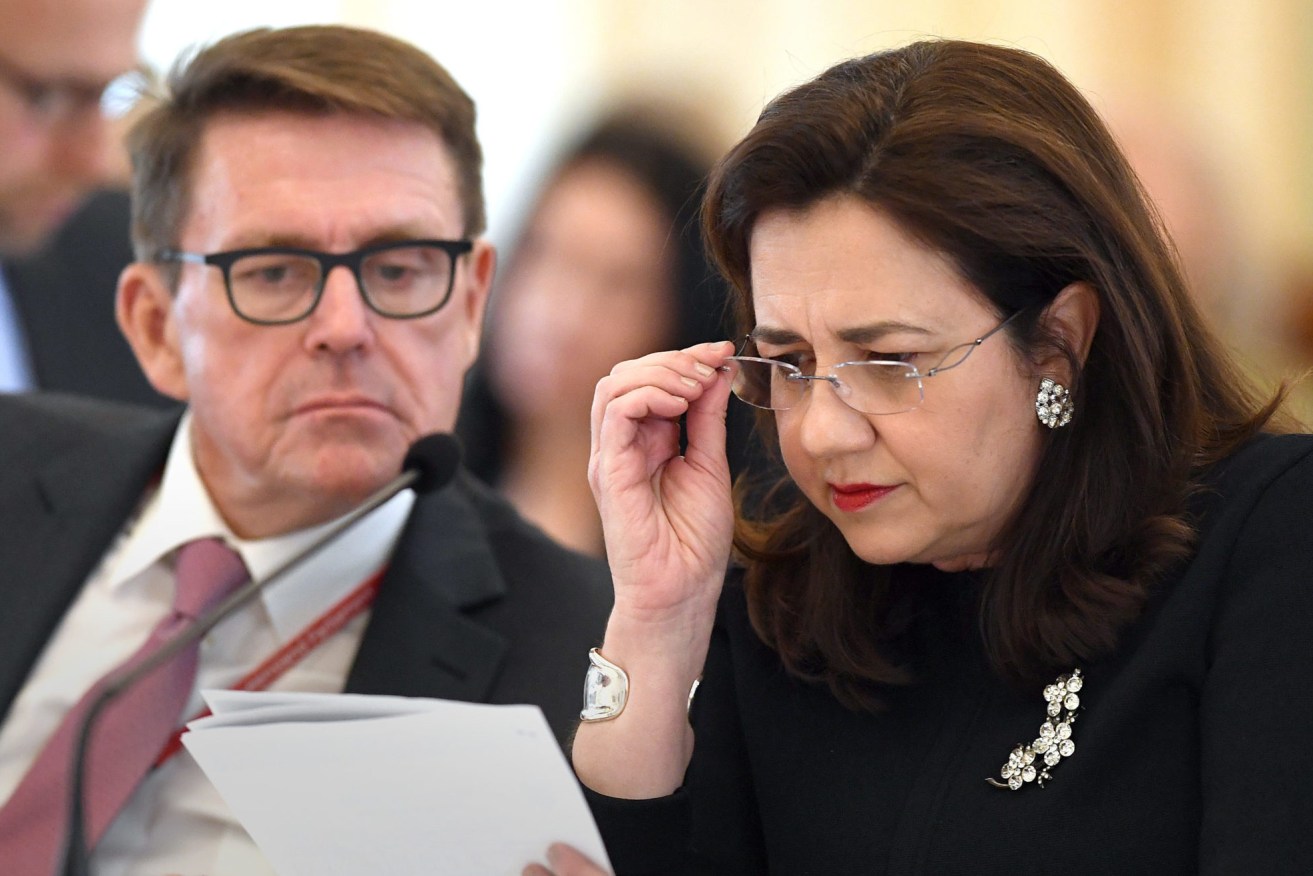 Premier Annastacia Palaszczuk fronts parliamentary estimates with her former director-general, Dave Stewart. Her government has introduced 28 administrative arrangement orders since it was elected in 2015. (Photo: AAP Image/Dave Hunt) 