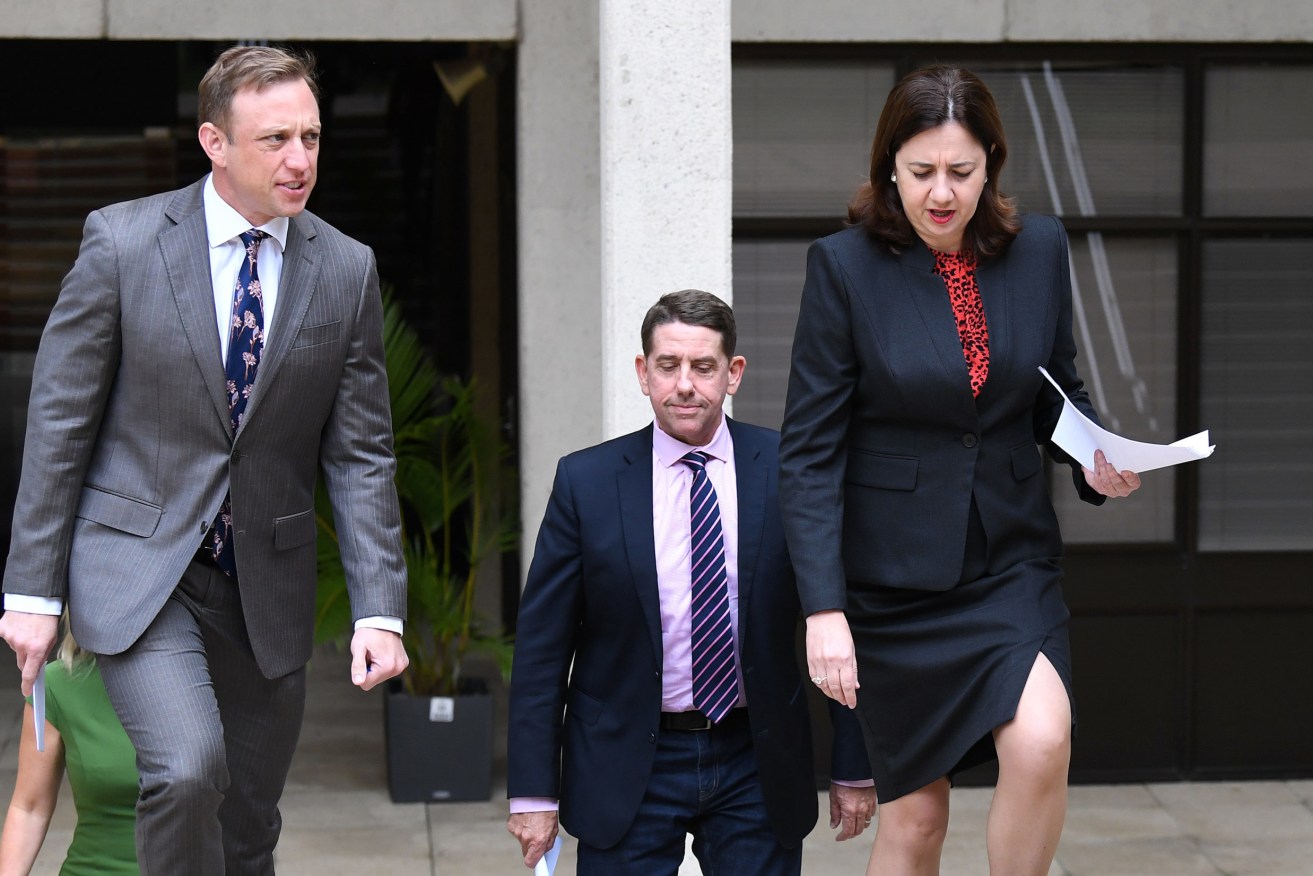Queensland Premier Annastacia Palaszczuk, with key Cabinet ministers Steven Miles (left) and Cameron Dick after the last Cabinet reshuffle. (Photo: AAP Image/Dan Peled) 
