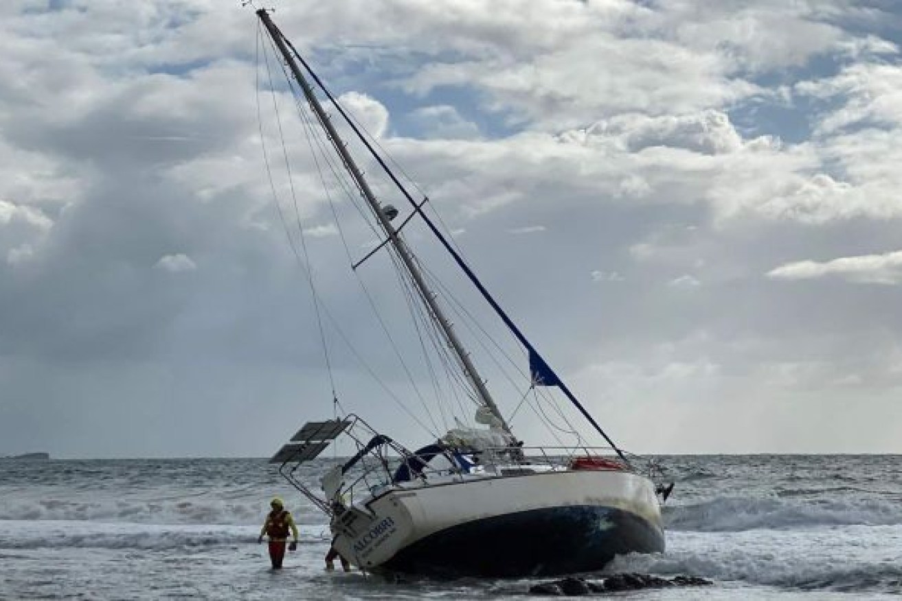 The empty yacht washed up on Mooloolaba Beach. (Photo: Array)
