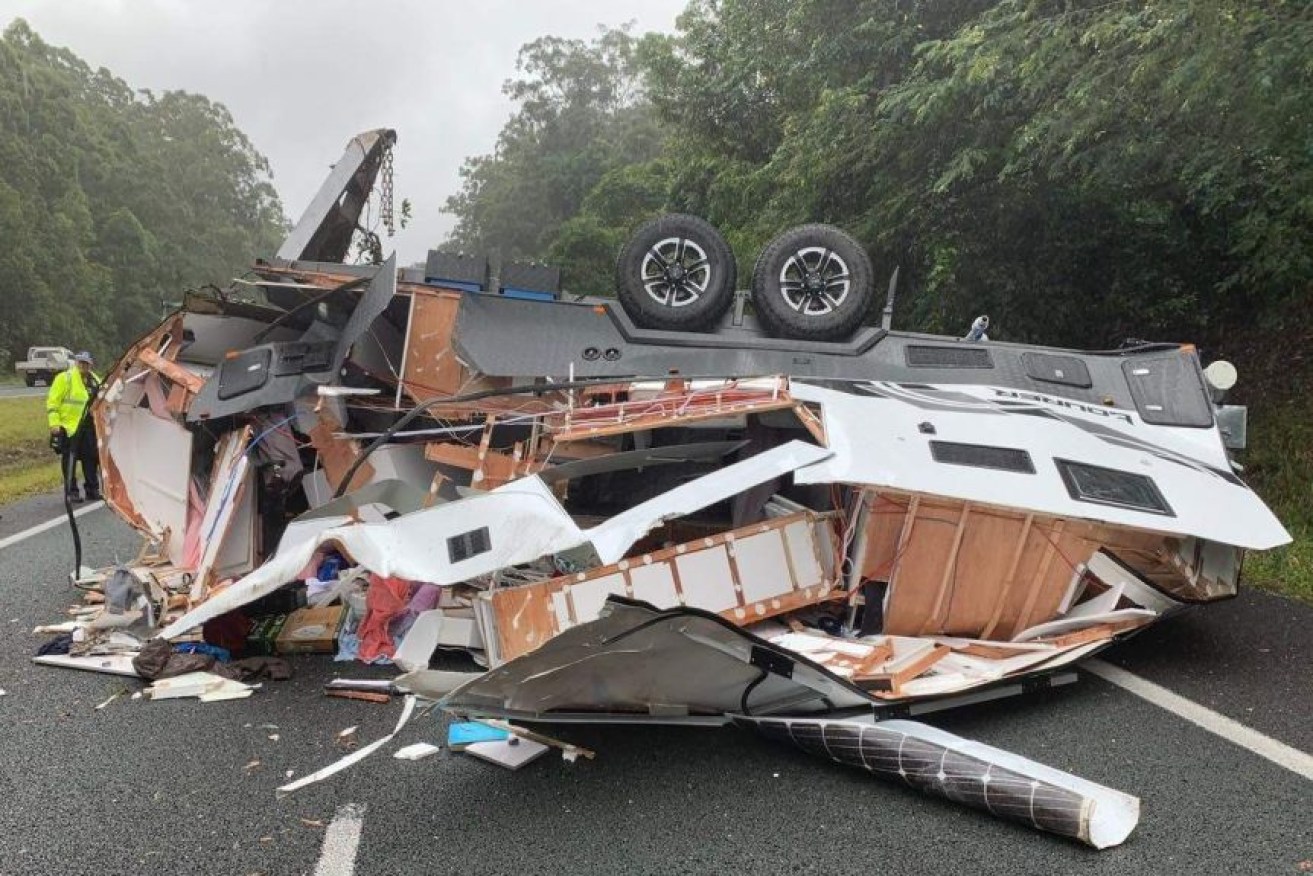 The remains of a caravan that jack-knifed on the Bruce Highway near Nambour on Sunday. (Photo: Supplied: Clayton Towing)