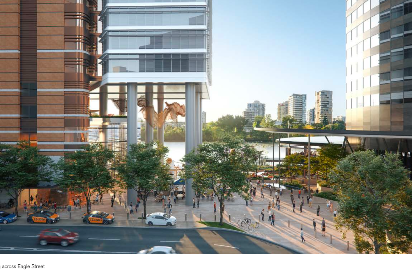 An artist's impression of Mary Street Plaza, looking across Eagle Street to the Brisbane River in the background.