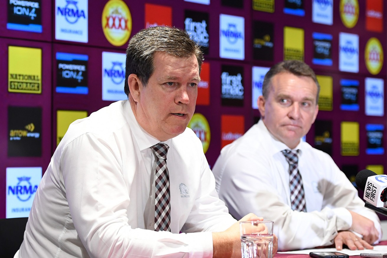 Brisbane Broncos chairman, Karl Morris (left). (Photo: AAP Image/Albert Perez) 