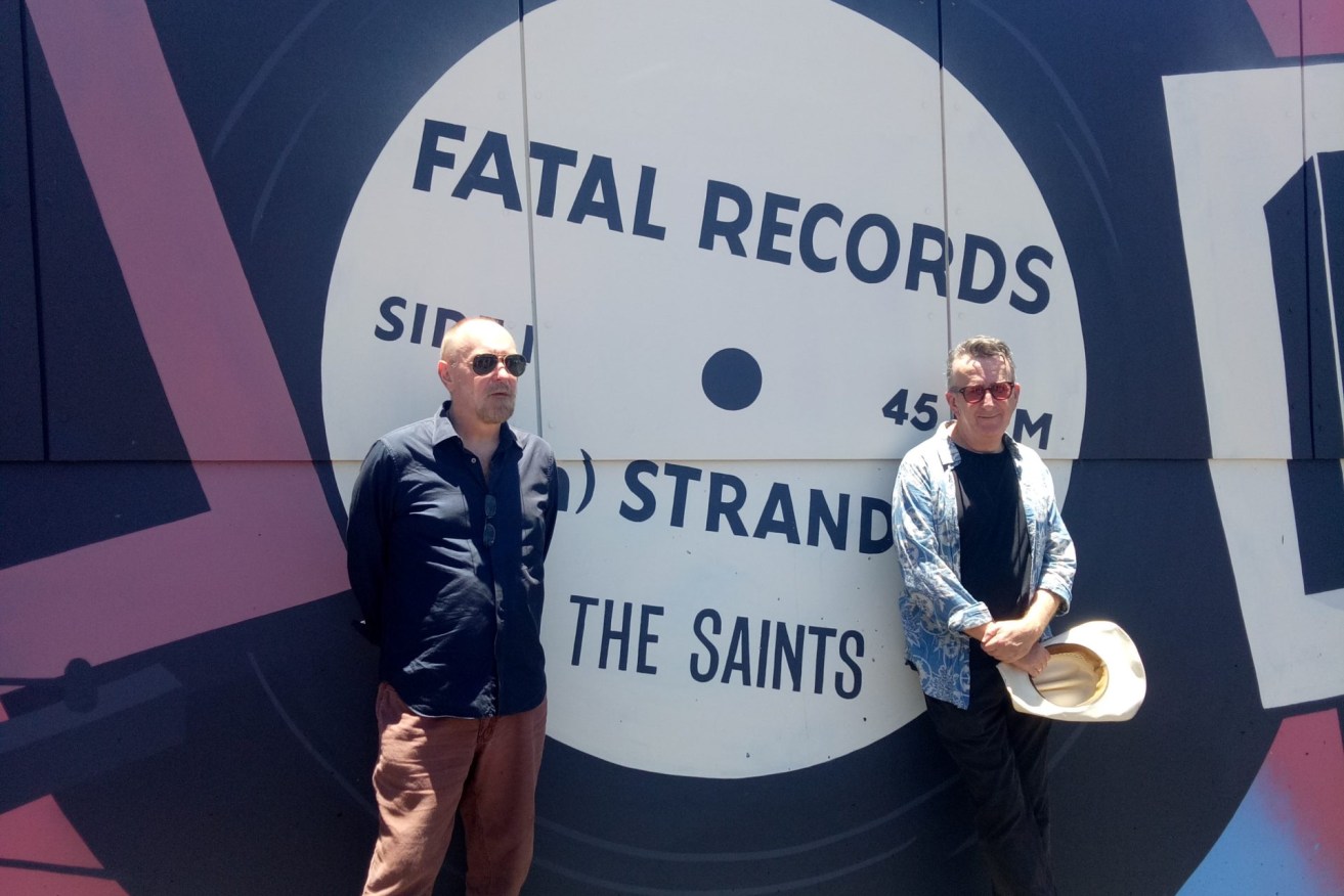 Ed Kuepper, founding member of Brisbane band The Saints, with John Wilstead at the 2017 unveiling of a mural paying tribute to the 40th anniversary of the band's debut single (I'm) Stranded. (Photo: Daniel Johnson)