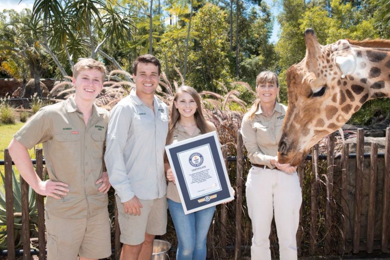 Robert Irwin, Chandler Powell, Bindi Irwin, Terri Irwin and Forest with the certificate from Guinness World Records.(Photo: Supplied: Australia Zoo)
