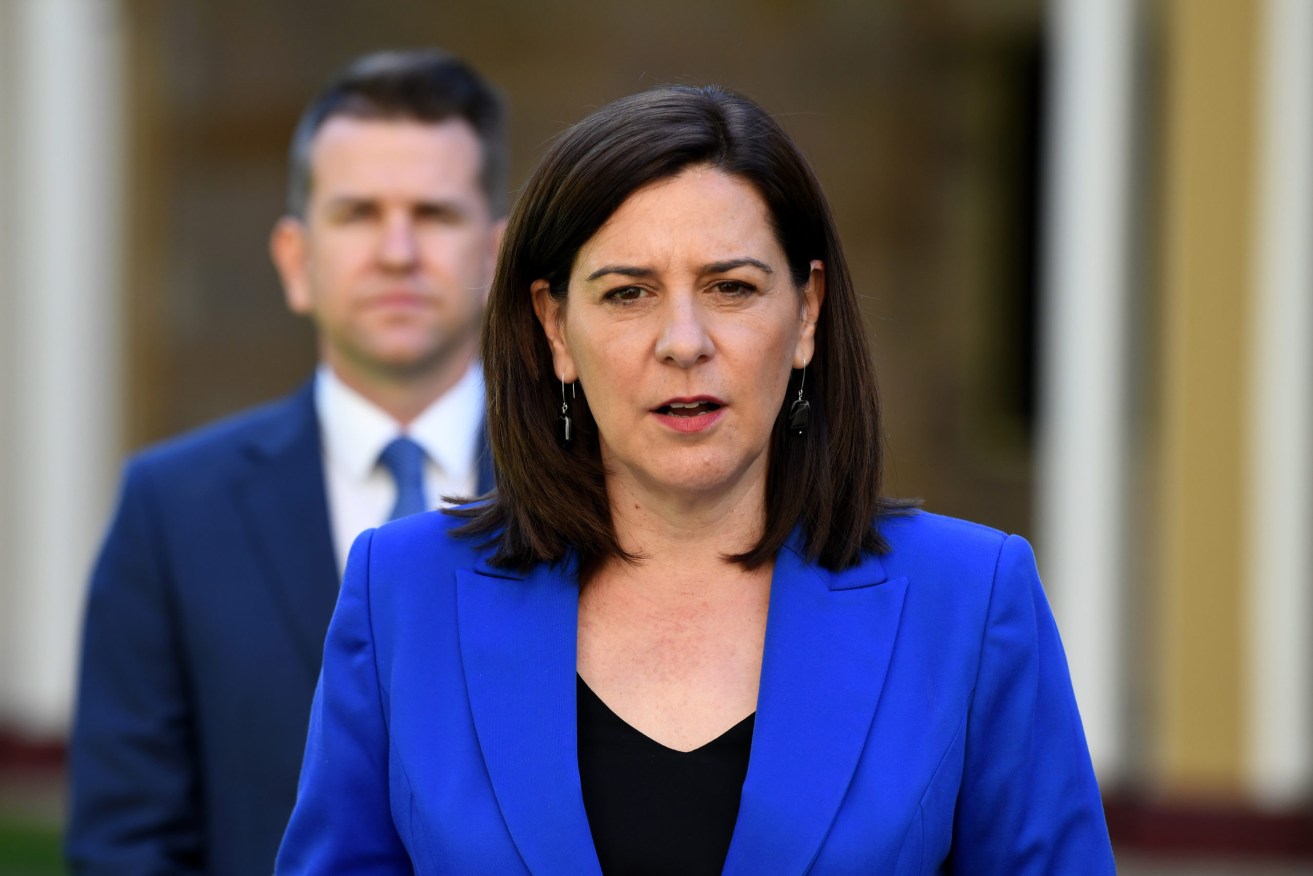 Queensland Leader of the Opposition Deb Frecklington and Shadow Education Minister Jarrod Bleijie are seen during a press conference at Parliament House in Brisbane, Friday, July 3, 2020. The member for South Brisbane Jackie Trad had been cleared by the state's corruption watchdog after an investigation into her involvement in the selection of a school principal. (AAP Image/Dan Peled) NO ARCHIVING