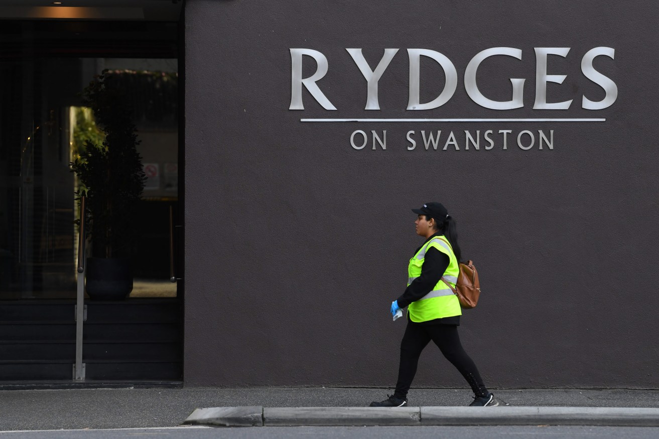 General view of the exterior Rydges on Swanston hotel in Melbourne, Tuesday, July 14, 2020. Rydges on Swanston and Stamford Plaza hotels have been identified as the source of Melbourne's coronavirus outbreaks. (AAP Image/James Ross) NO ARCHIVING