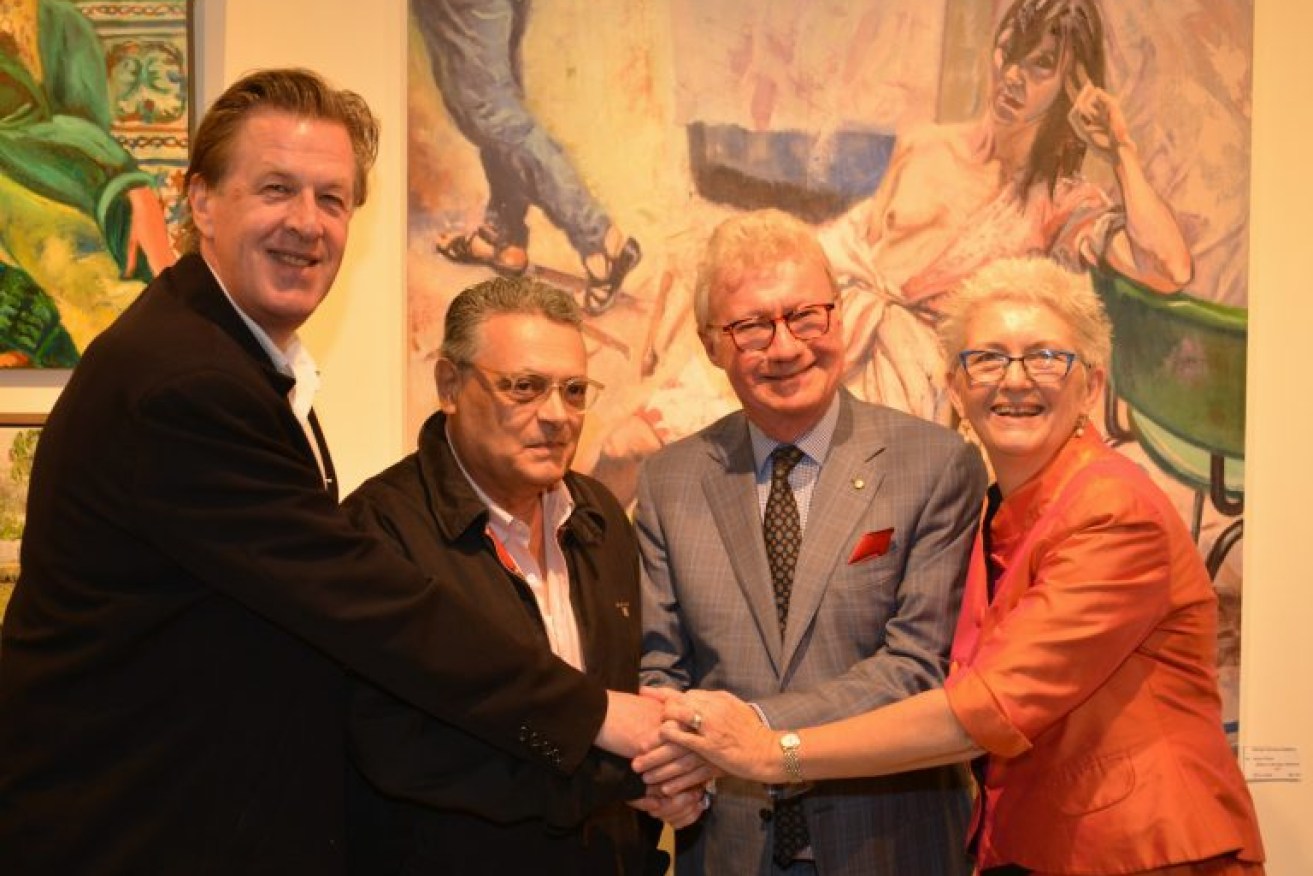 Artist and judge of the 2018 RQAS Figurative Prize Lewis Miller, 2018 winner Anton Piche, Queensland Governor Paul de Jersey and RQAS president Marg Thomas. (Photo: Supplied)