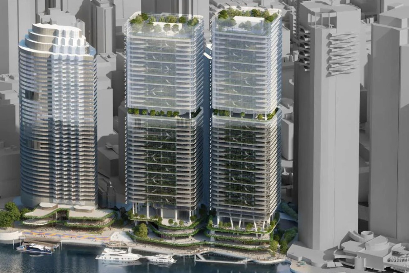 An artist's impression of the Waterfront Brisbane development, in colour, with Riparian Plaza indicated in grey on the right.