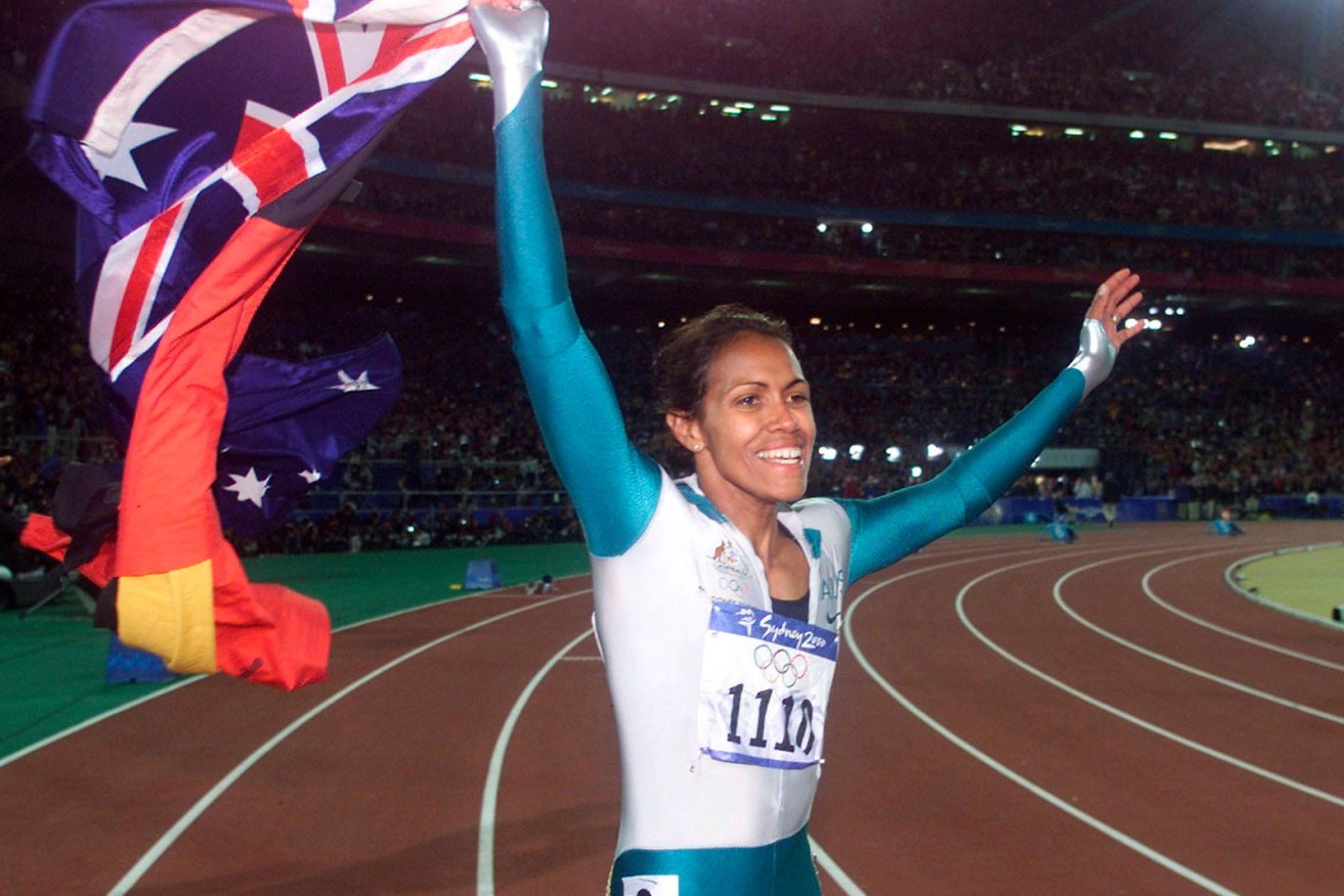 Cathy Freeman celebrates her Sydney 2000 Olympics 400m gold medal (photo: SBS)