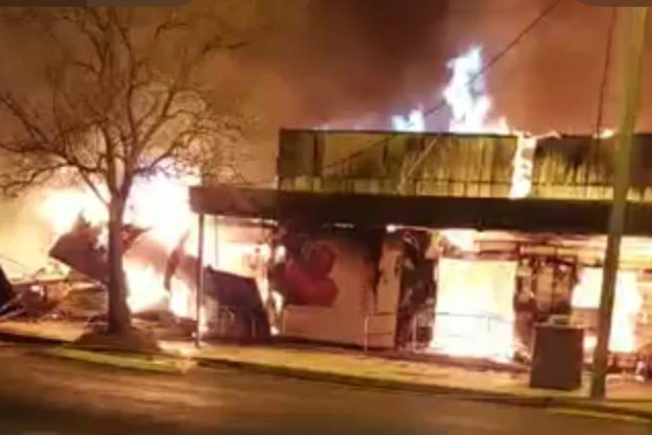 The fire that destroyed the supermarket and butcher in Mungindi. (Photo: ABC).