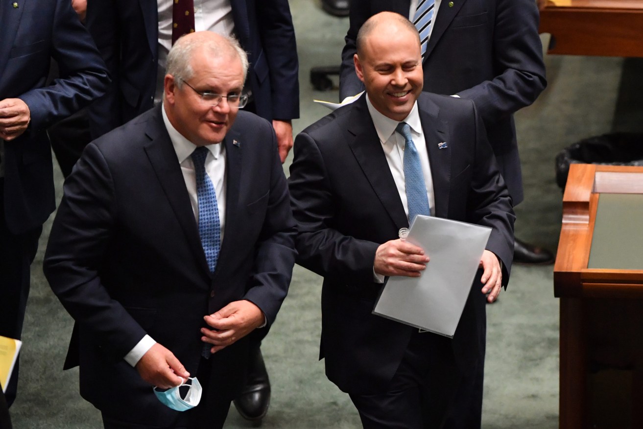 Scott Morrison and Josh Frydenberg leave the House of Representatives in happier times. (Photo: AAP Image/Mick Tsikas) 