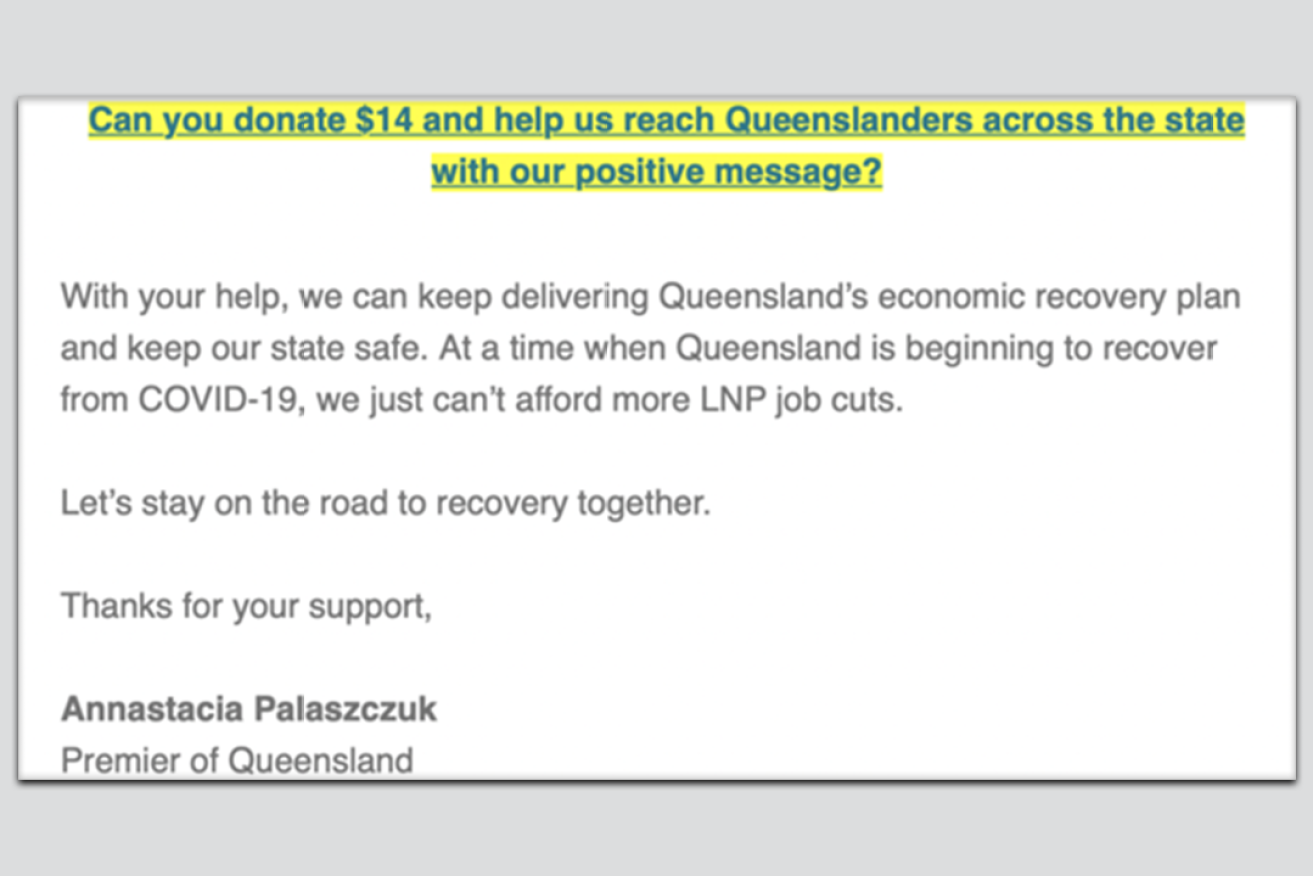 An email from Premier Annastacia Palaszczuk asking for donations.