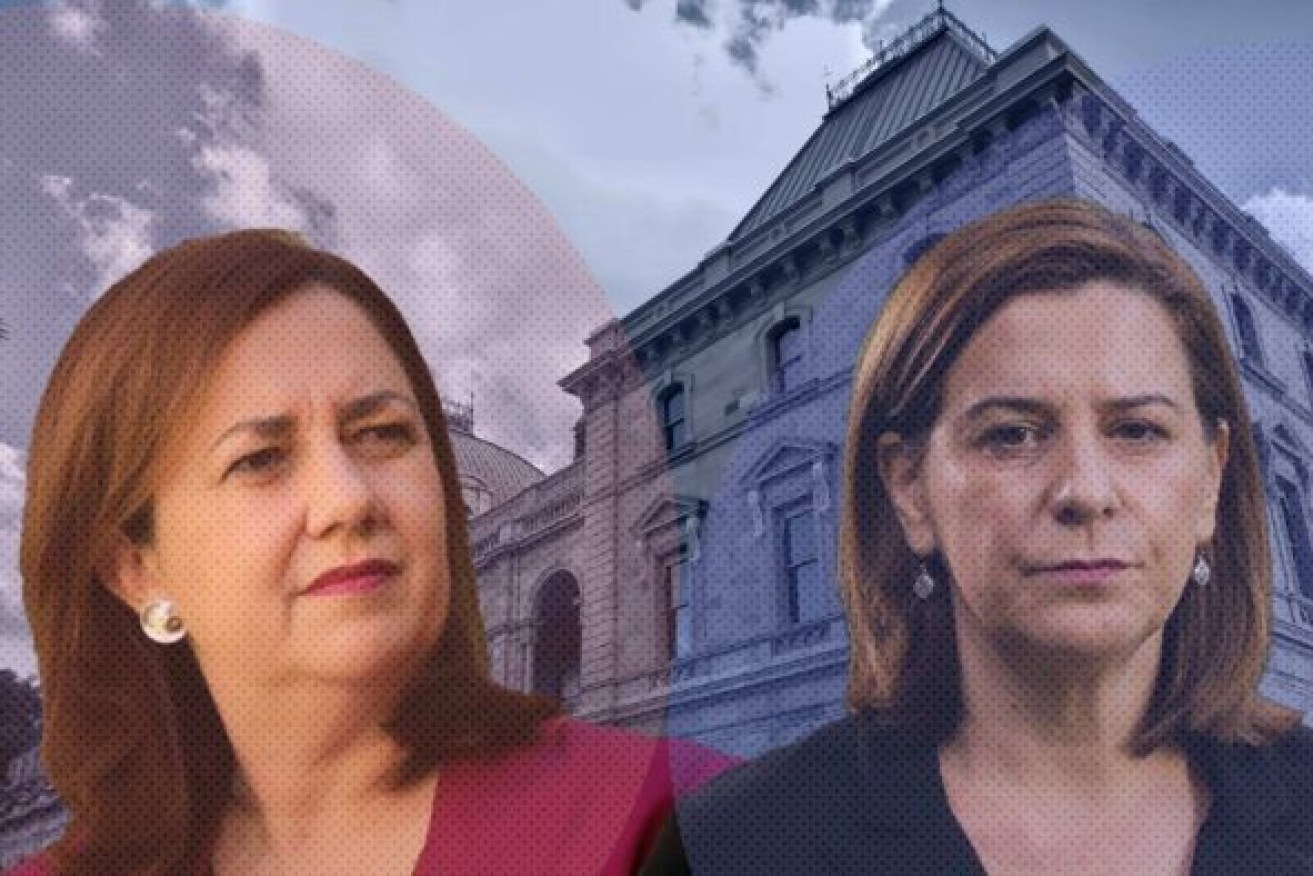 Deb Frecklington (right) has denied any wrongdoing over private meetings with developers banned from making political donations but Annastacia Palaszczuk is demanding a full explanation. (Photo: ABC)