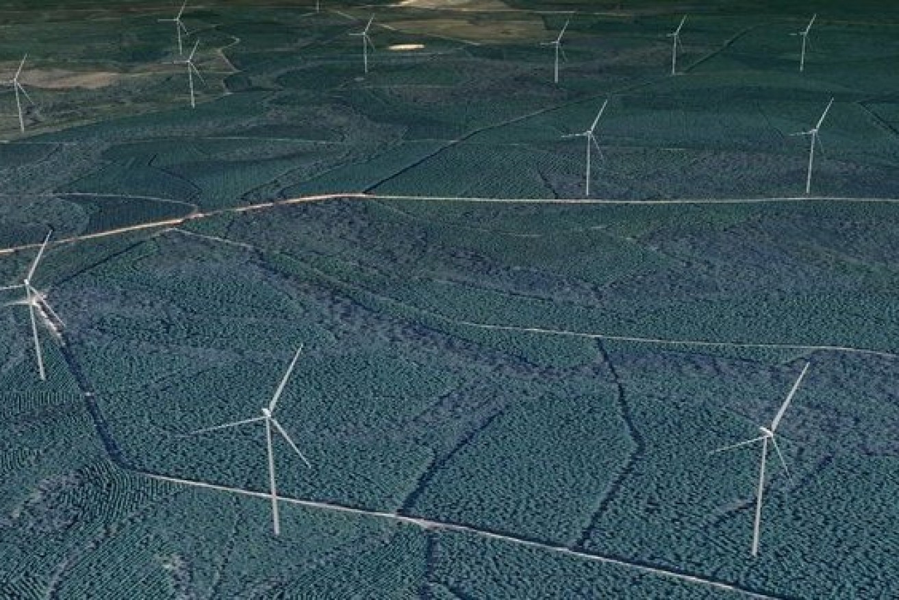 This artist's impression shows how the wind turbines might look in the pine plantation in the Wide Bay region in Queensland. (Photo: Supplied: Forest Wind)