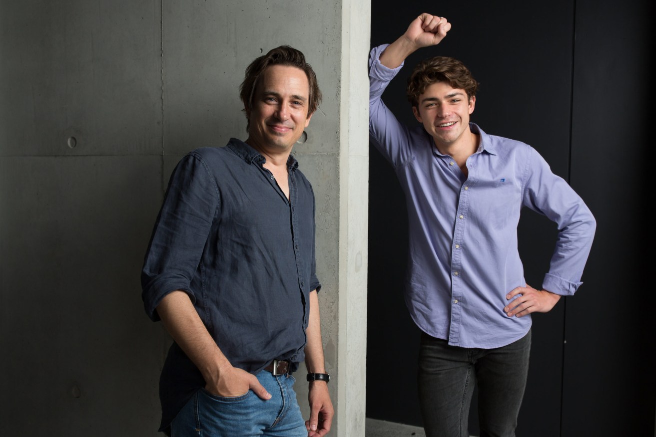Boy Swallows Universe author Trent Dalton with actor Joe Klocek, who will portray Eli Bell in the stage adaptation of the novel.  (Photo: David Kelly)