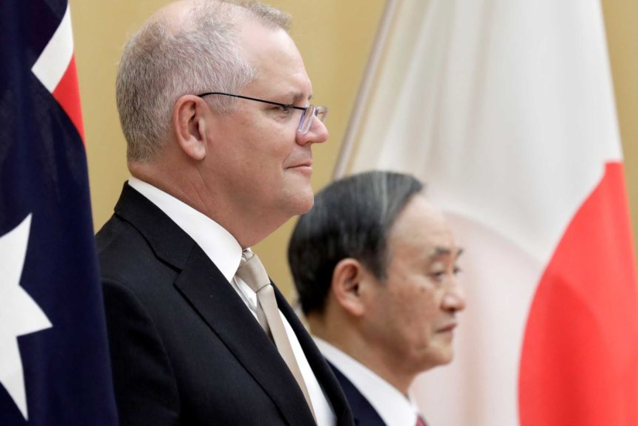 Australian Prime Minister and Japan Prime Minister Yoshihide Suga are on the verge of signing a historic defence pact.(Photo: Pool Via Reuters: Kiyoshi Ota)