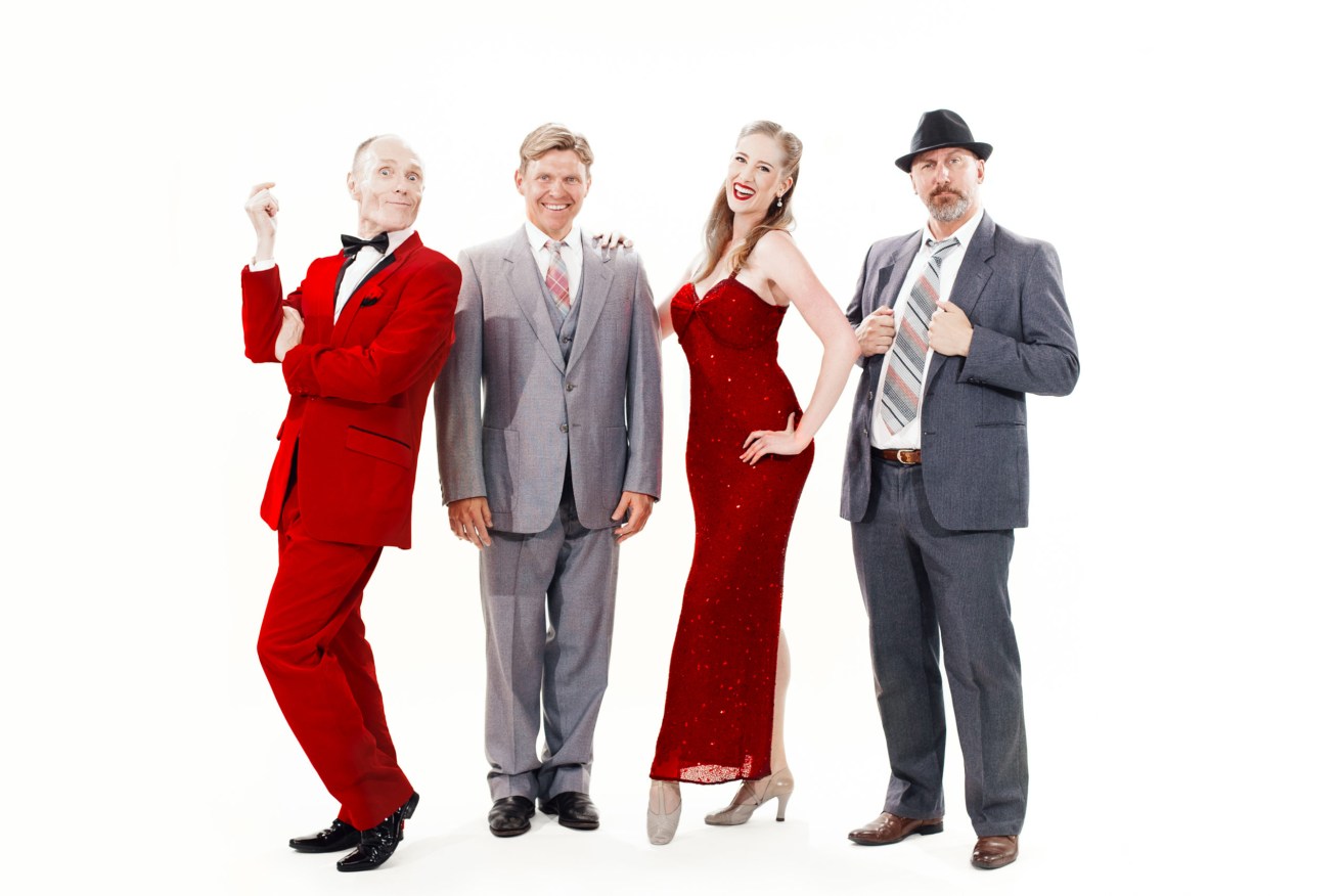 James Lee (Roger De Bris), Mark Hill (Leo Bloom), Rachael Ward (Ulla) and Matt Young (Max Bialystock) star in Altitude Theatre’s production of The Producers. (Photo: Kyle Head)