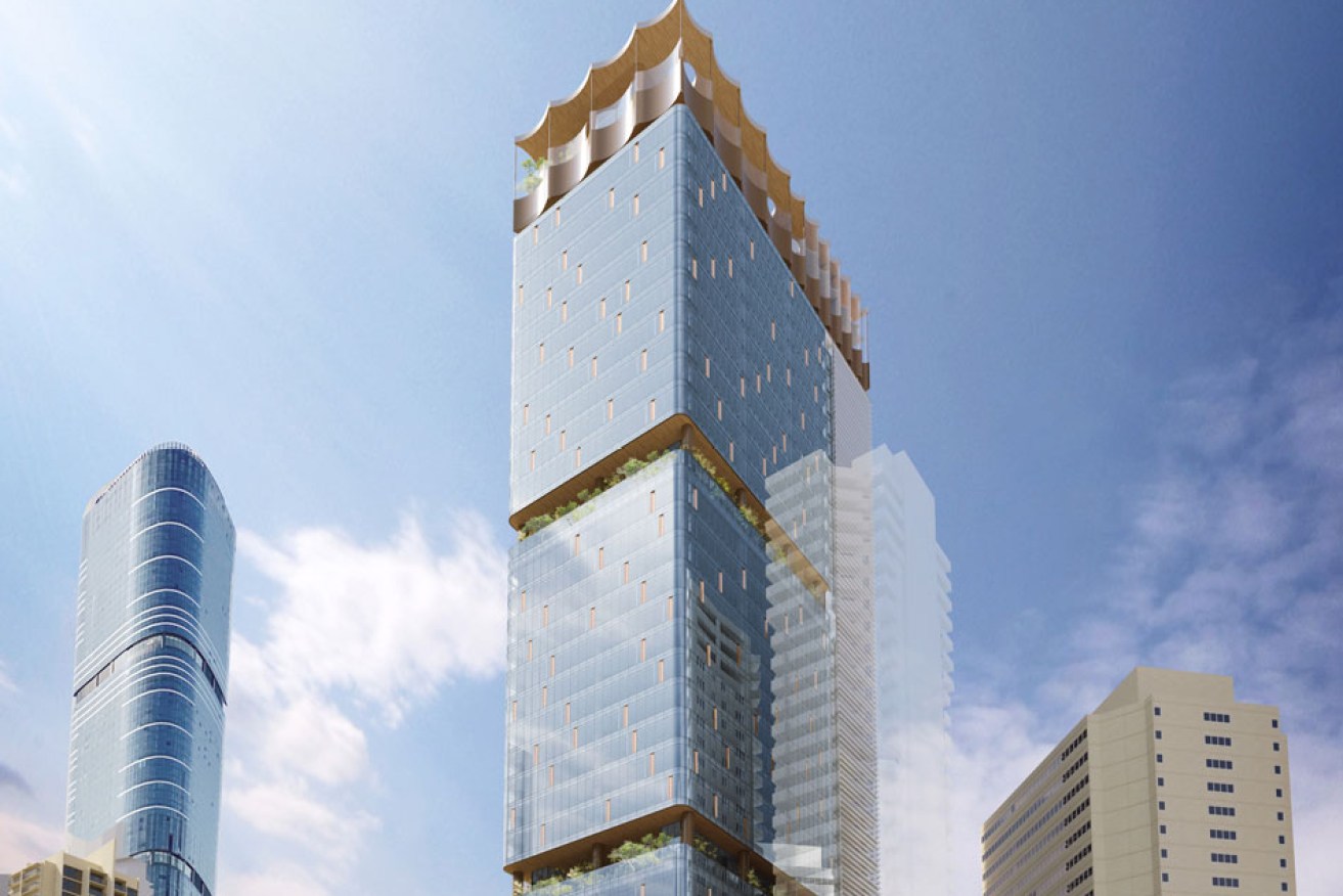 An architectural render of the proposed office tower and penthouse at 25 Mary St, Brisbane.