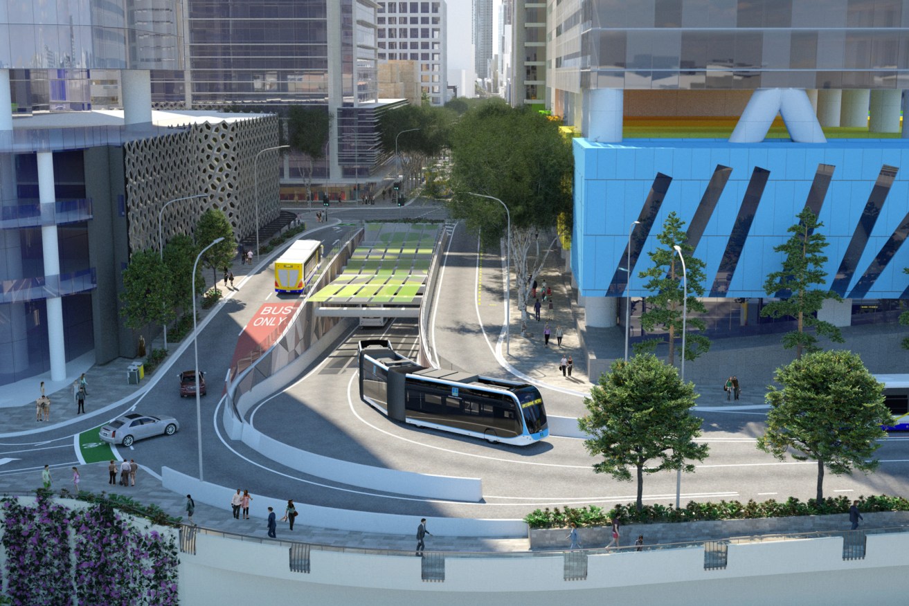 An artists impression of the Brisbane Metro service emerging from a tunnel beneath Adelaide St. (Image: BCC)