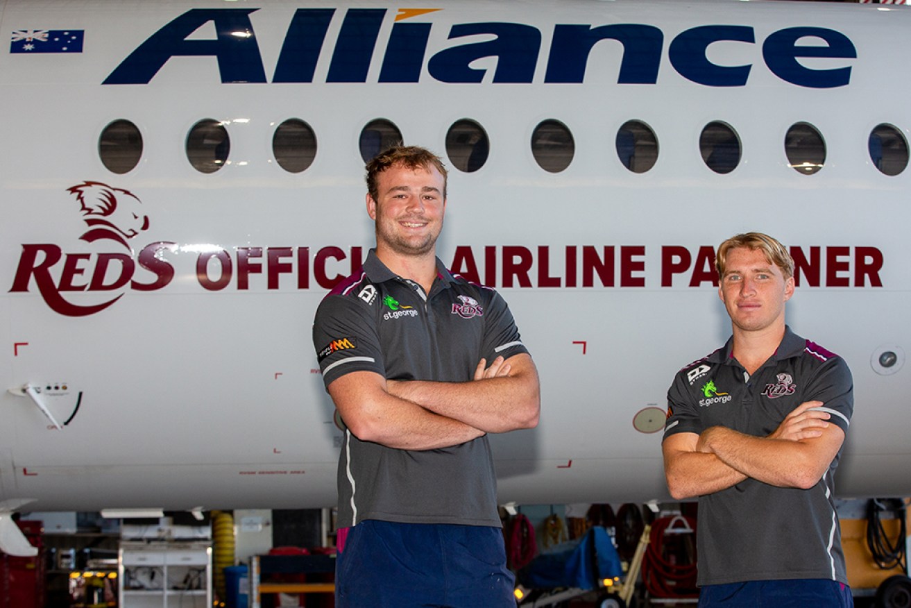 Queensland Reds players welcome the new partnership between the rugby franchise and Alliance Airlines. Pic: Supplied