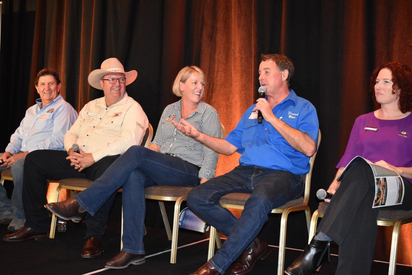 Panelists at the Outback Tourism launch, from left: Richmond Shire Mayor John Wharton, Alan Smith, Longreach, Barb Mason, Cunnamulla, Graham Reid, Charleville and Amelia Gregory, Banana. (Photo: Brad Cooper).