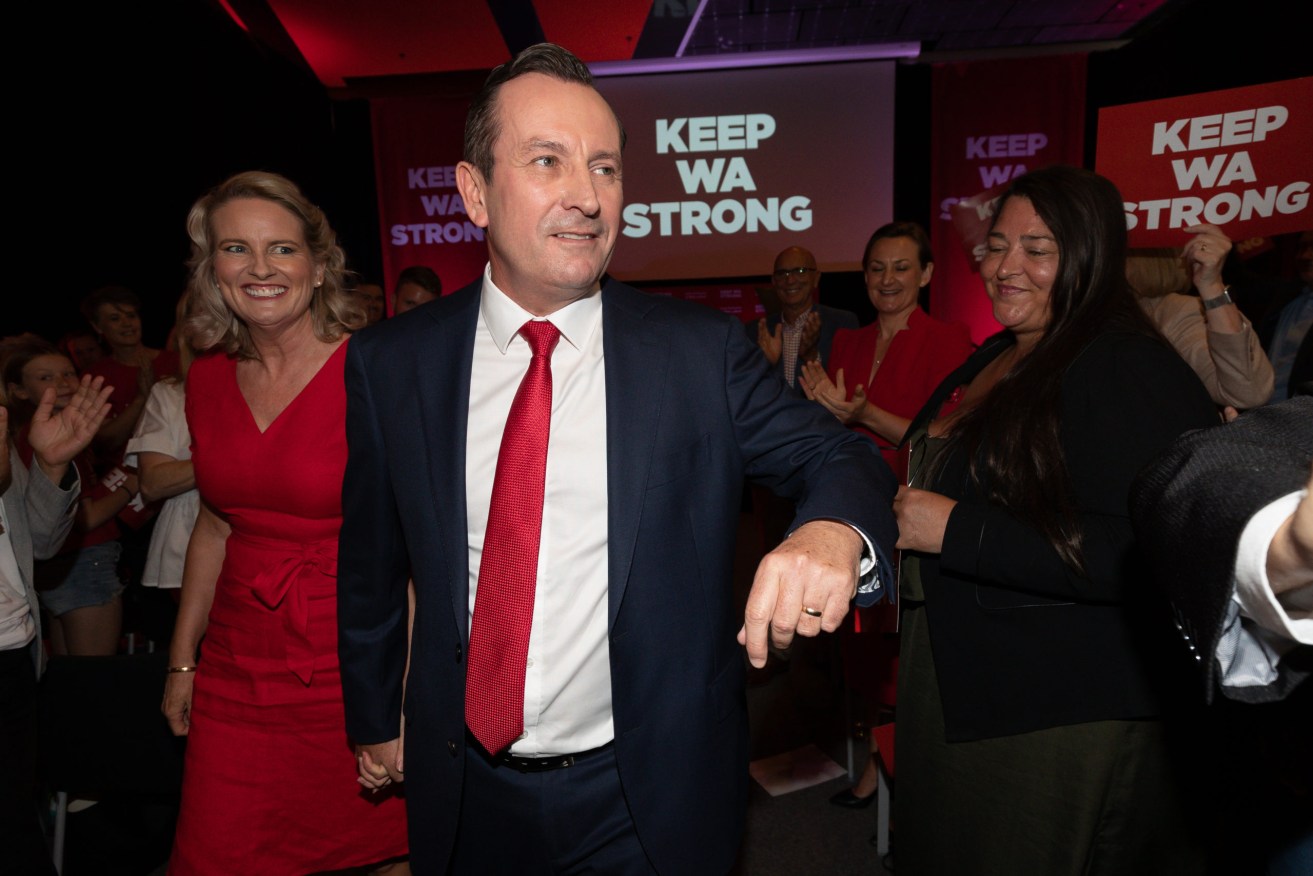 Western Australian Premier Mark McGowan greets supporters after speaking at the launch of the Labour Party campaign at RAC Arena in Perth ahead of the state election on March 13.  (AAP Image/Richard Wainwright)