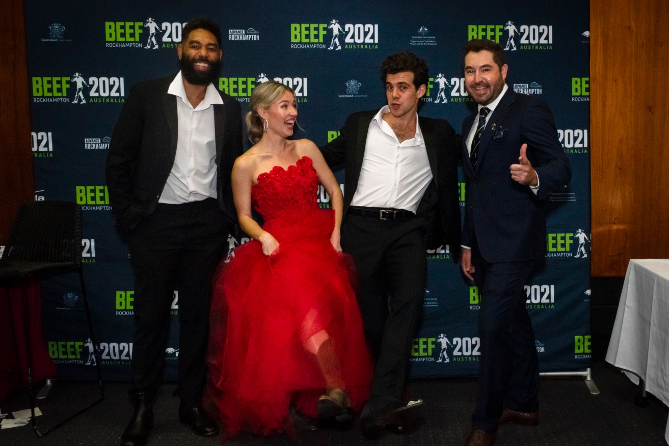 Beef Australia chair Bryce Camm (right) with Opera Queensland performers, from left: Marcus Corowa, Irena Lysiuk and Jonathan Hickey. (Photo: Supplied).