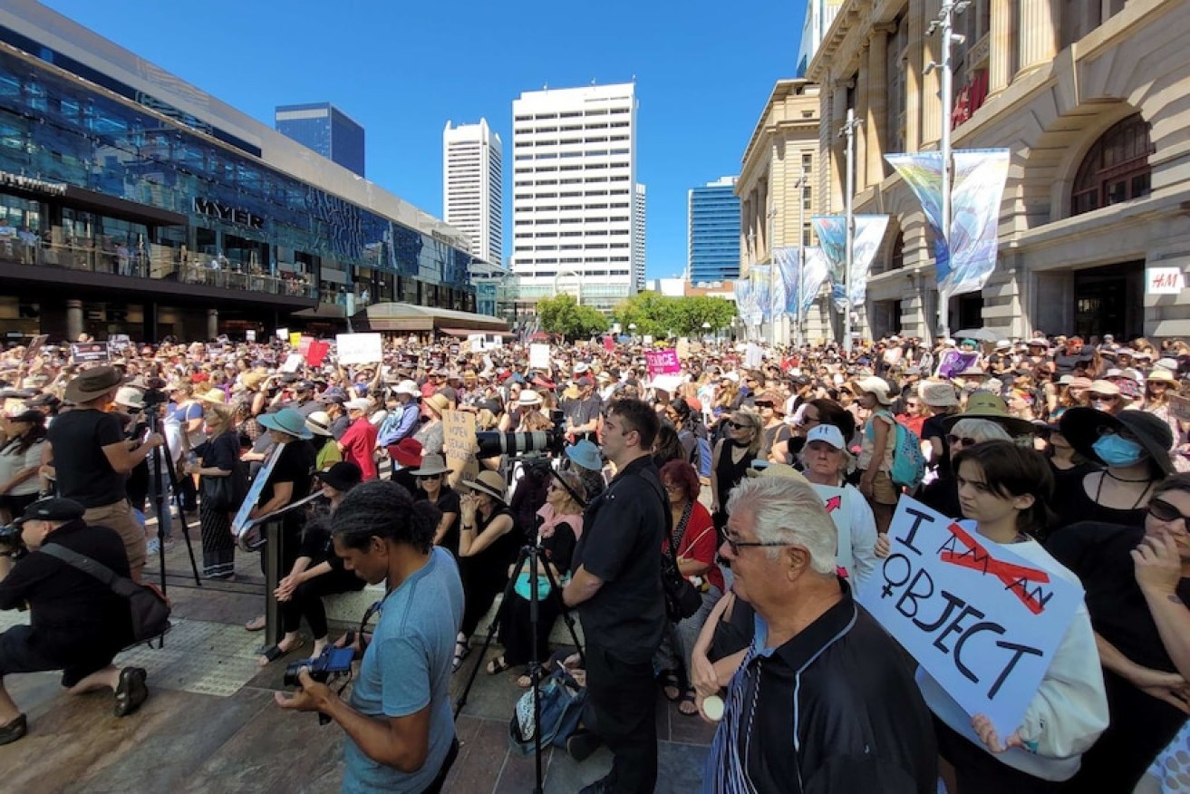 A protest rally in Perth on Sunday was the first of a series of gender justice protests planned for this week, with more than 100,000 expected to gather in state capitals and outside Parliament House, Canberra (ABC image).