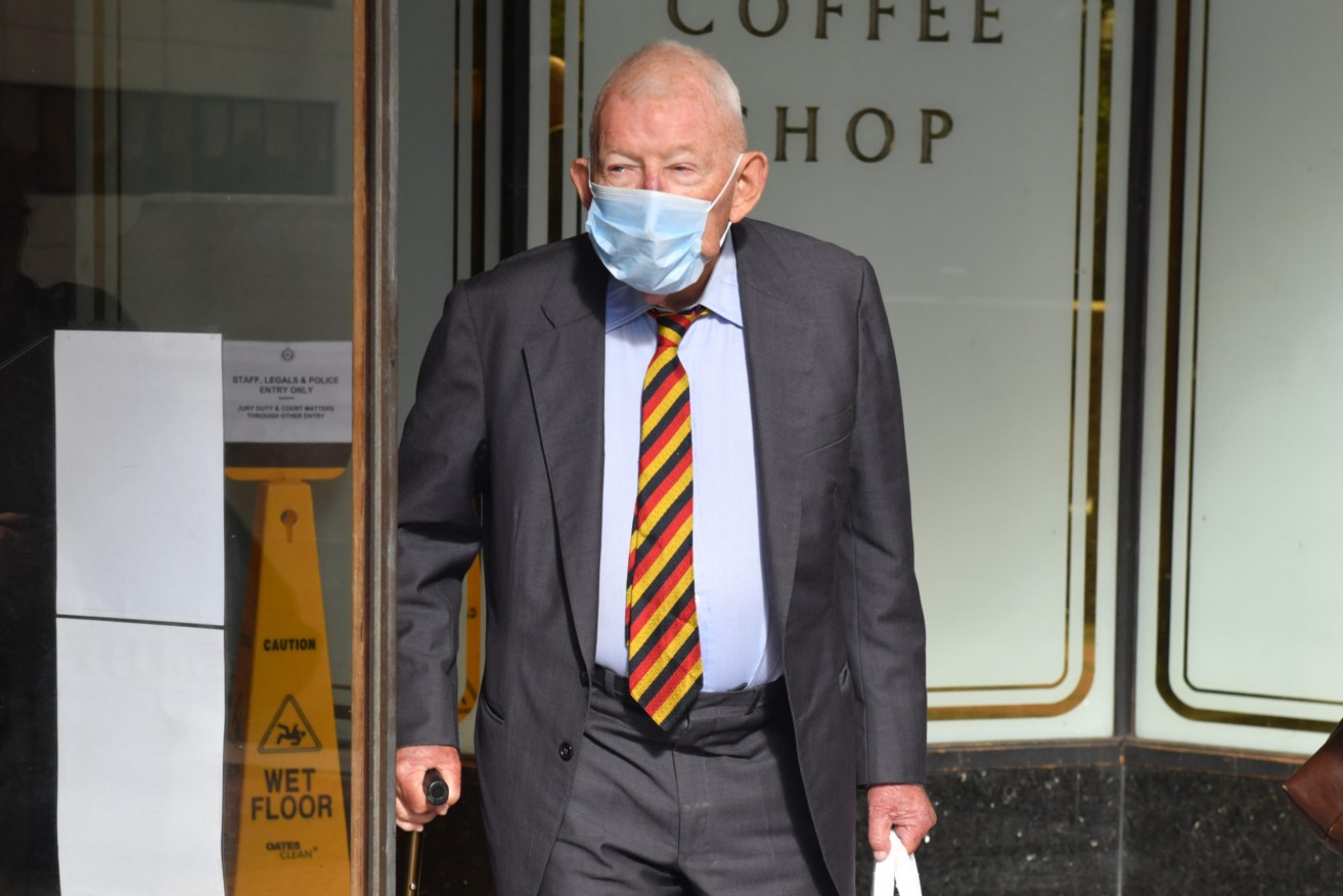 Sir Ron Brierley leaves the Downing Centre District Court in Sydney. The New Zealand-born businessman is charged with six counts of possessing child pornography. (AAP Image/Mick Tsikas)