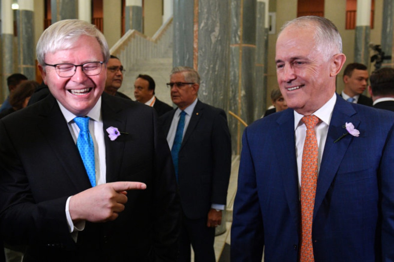 Rejected Prime Ministers Kevin Rudd and Malcolm Turnbull are united in their disdain for Scott Morrison, and the Murdoch media (AAP image).