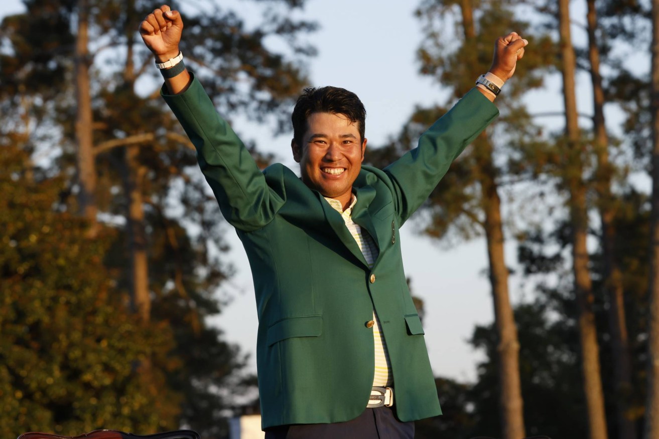 Japan's Hideki Matsuyama celebrates with his green jacket after winning The Masters (Photo: REUTERS/Mike Segar)