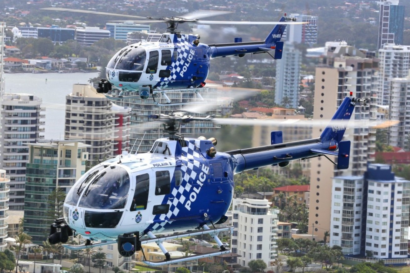 Two Pol-Air helicopters tracked the car thieves while they sped at up to 200km/h along the Pacific Motorway (Qld Police image).