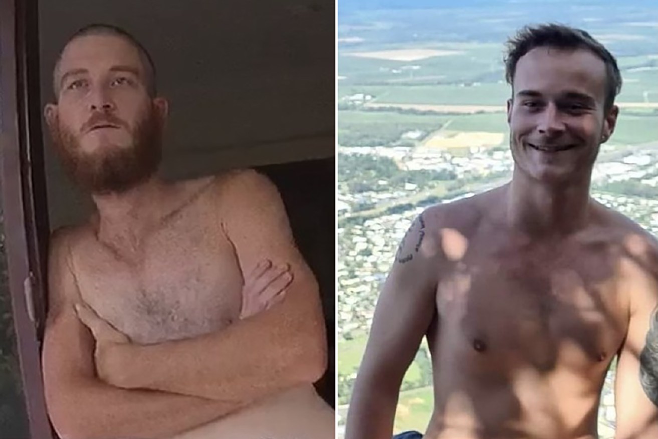 A supplied undated combined image obtained Thursday, May 27, 2021 shows 31-year-old Trinity Park man, Cameron Wilson (left) and  23-year-old Cairns North man, Caine Whitfield (right). A search is underway for the two north Queensland men missing on a camping trip in the Lakefield National Park for five days. (AAP Image/Supplied by Queensland Police) 