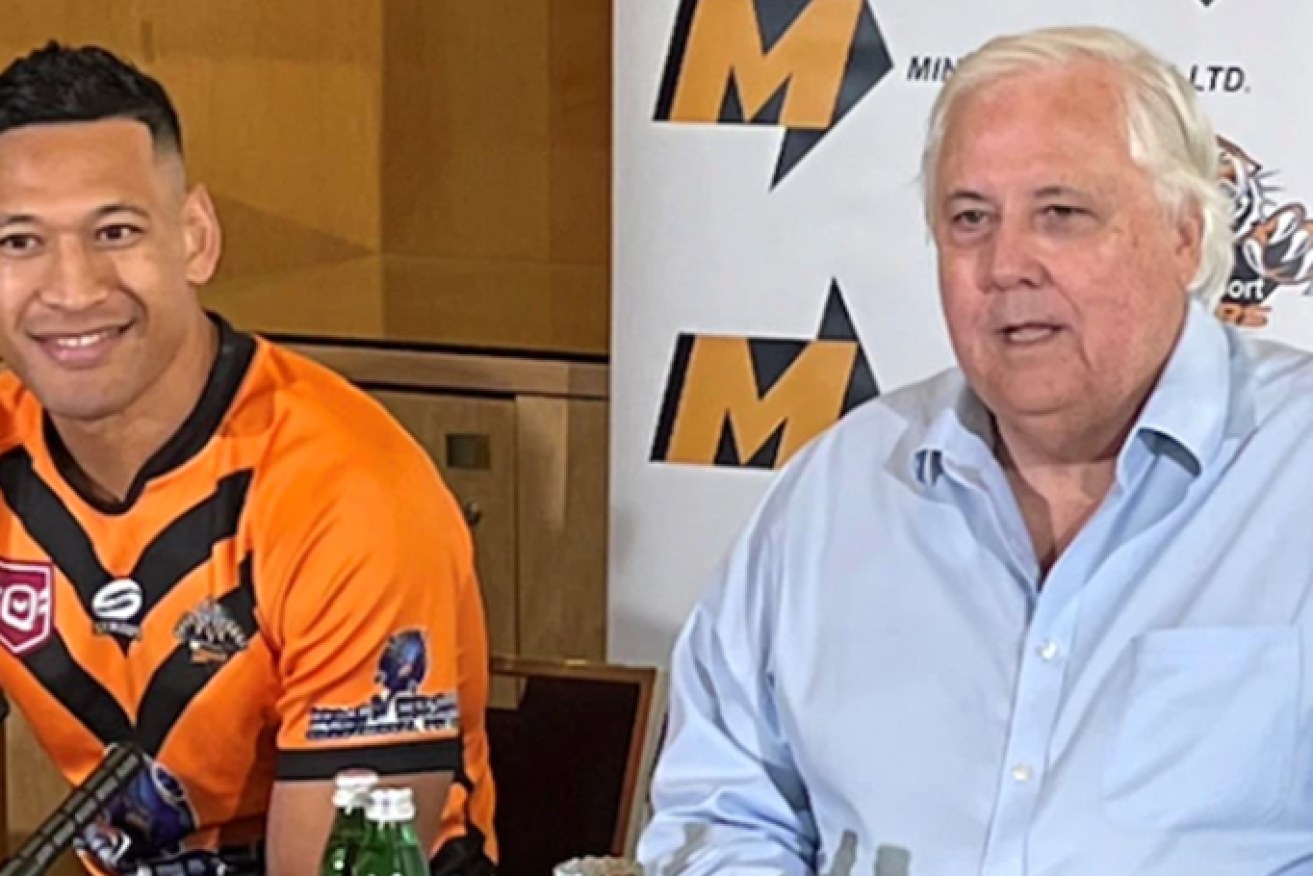 Israel Folau and Clive Palmer at today's media conference announcing his plans to return to rugby league with a team sponsored by Palmer (Image: ABC).