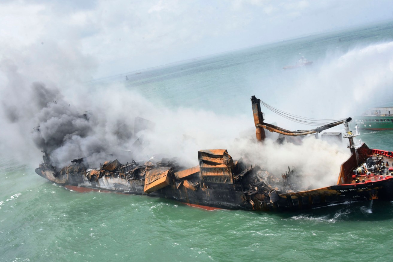 The fire-stricken and partially submerged MV X-Press Pearl off Colombo port, Sri Lanka. (Sri Lanka Air Force via AP)