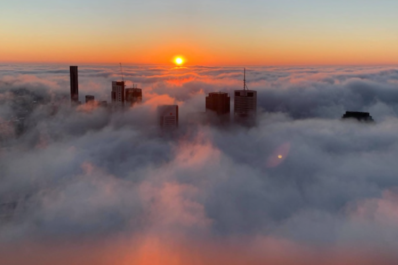 The Brisbane CBD is enveloped in a thick blanket of fog.(Supplied: Bernie Saunders via ABC)