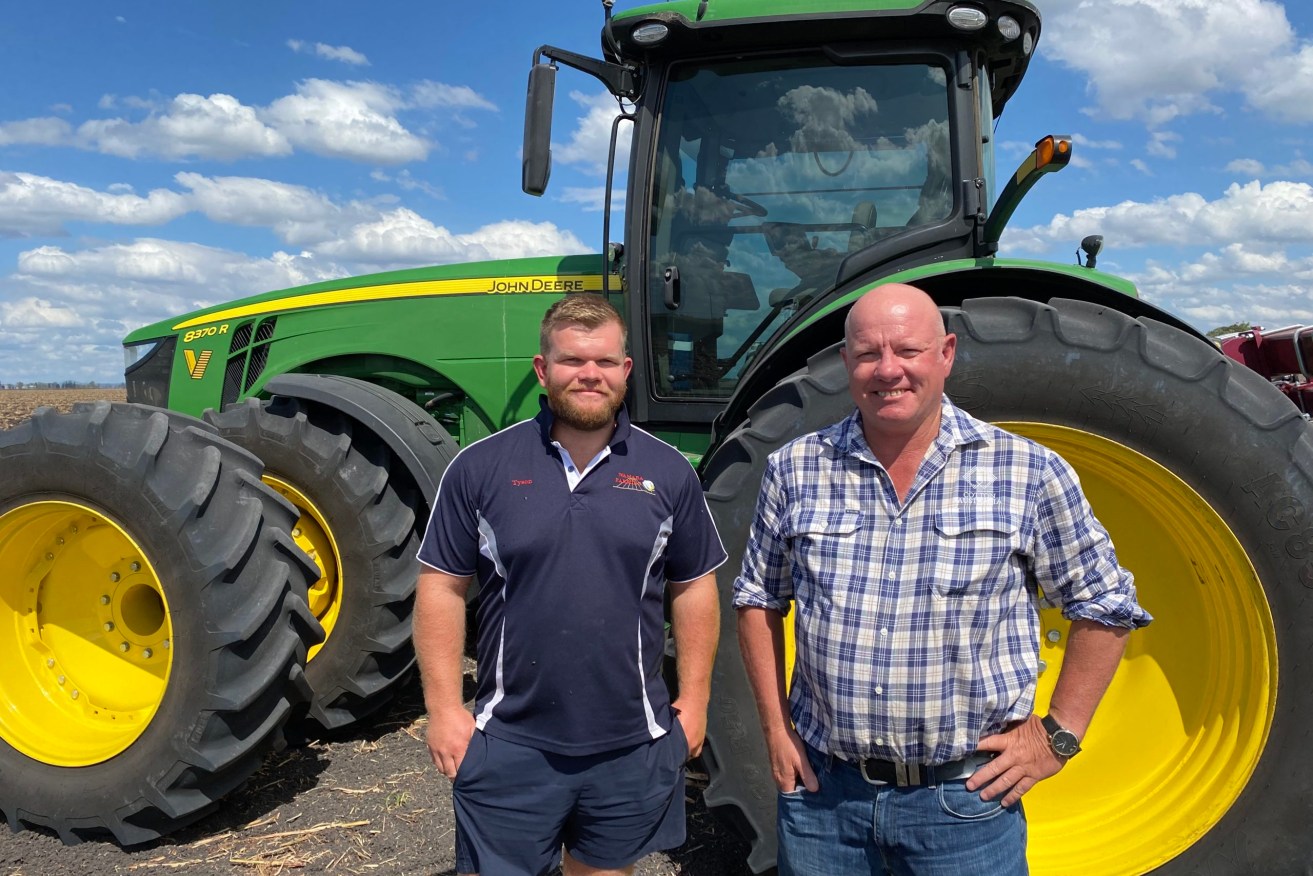 Cecil Plains cotton grower Tyson Armitage (left) with Cotton Australia regional manager Rob Crothers says prospects are strong for farming. (Photo: Supplied).