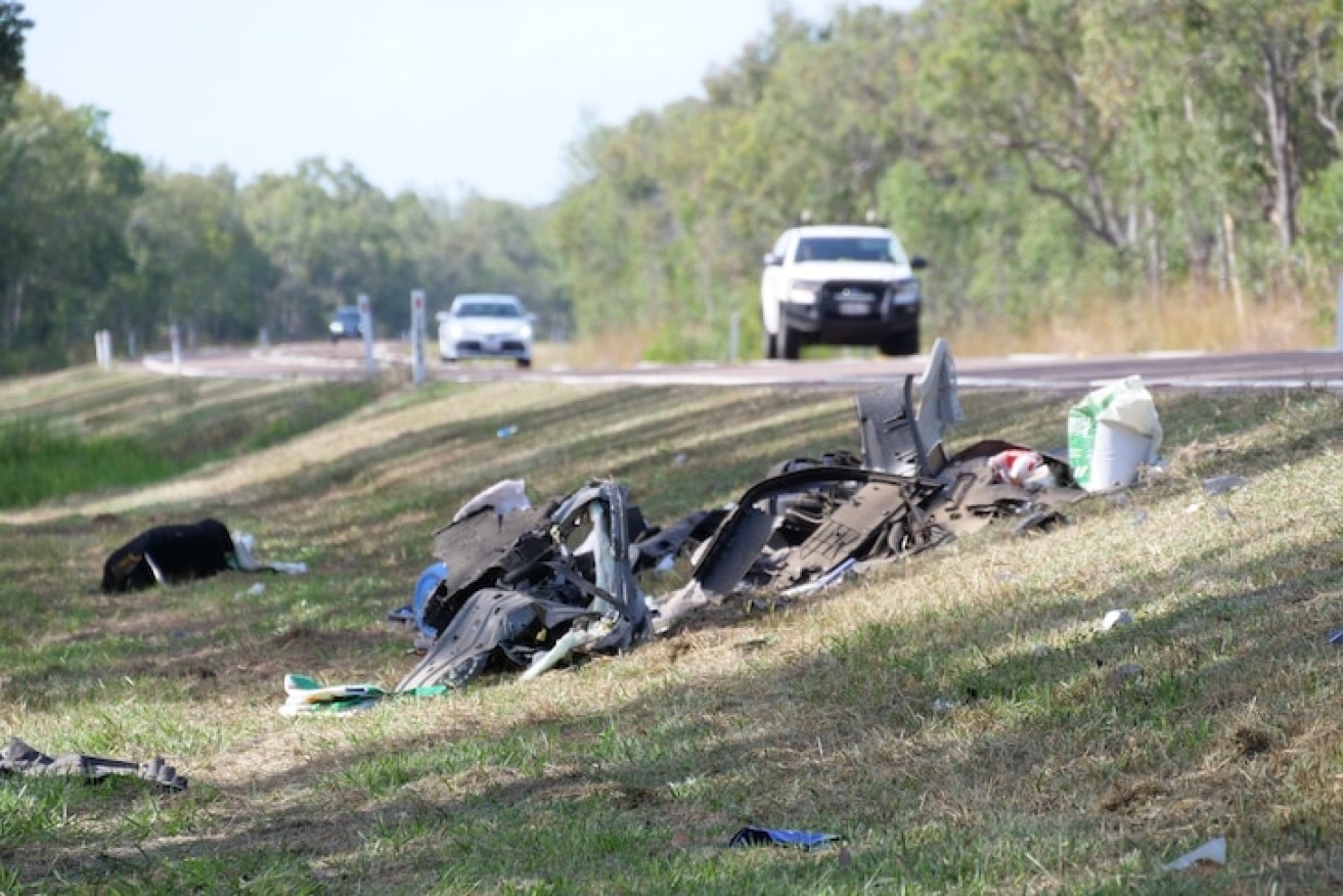 The wreckage of a car in the aftermath of two fatal accidents on the Bruce Highway north of Townsville.(ABC News: Nathalie Fernbach )