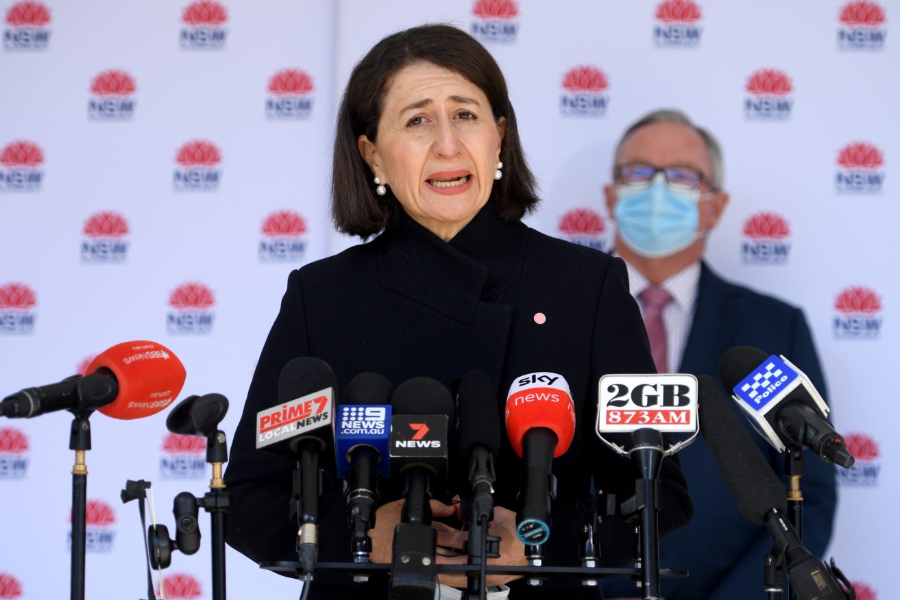 NSW Premier Gladys Berejiklian announces the coronavirus lockdown in Greater Sydney and surrounds will be extended by a week after NSW recorded 27 new local cases. (AAP Image/Dan Himbrechts)