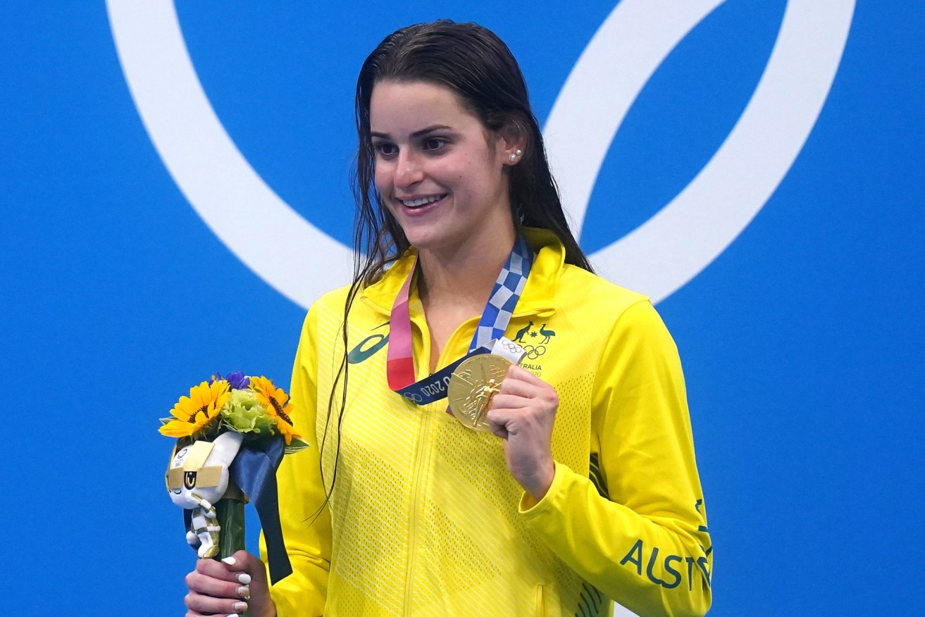 Kaylee McKeown of Australia after winning gold in the Women’s 100m Backstroke Final at the Tokyo Aquatics Centre . (AAP Image/Adam Davy) 